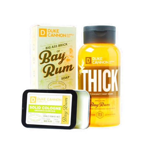 Duke Cannon Supply Co. Bay Rum Bender Bundle for Men (Citrus Musk, Cedarwood, Island Spice Scent) - Featuring THICK High-Viscosity Body Wash, Big Brick of Soap Bar & Solid Cologne (3 Piece Set)