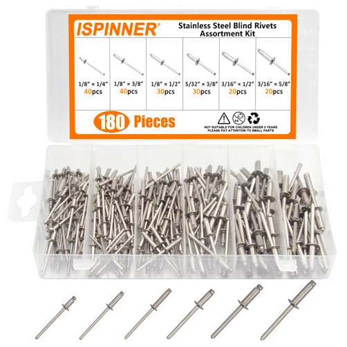 ISPINNER 180pcs Stainless Steel Blind Rivets, 1/8