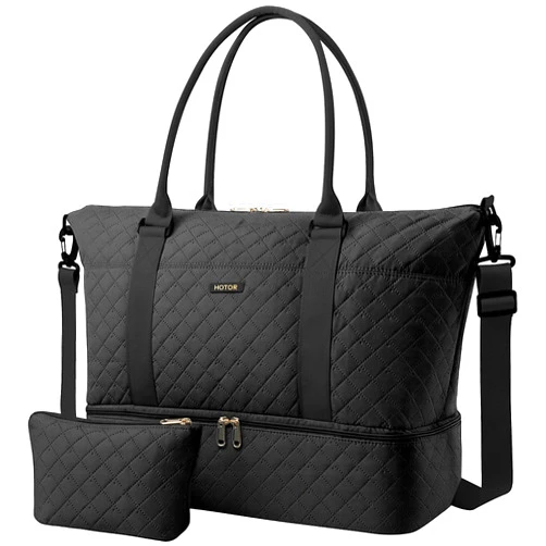 HOTOR Travel Duffel Bag - Weekender Bags for Women, Gym Tote Bags with Shoe Compartment, Carry On Overnight Bag with Toiletry Bag for Travel Essentials and Travel Accessories, Black, 13.4