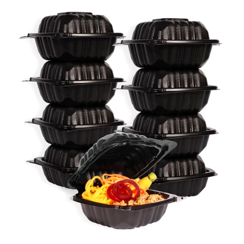 MULMEHË Mineral Filled Polypropylene Plastic Hinged Take Out Food Containers, 6x6x3, Vented Single Compartment, Black, 250 per Case