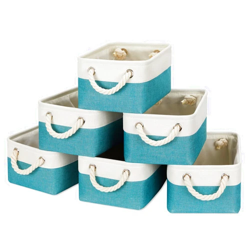 Temary Small Fabric Baskets Shelf Storage Baskets for Organizing 6 Pcs Decorative Baskets for Gifts Empty Collapsible Small Storage Bins for Home, Closet(Teal,11.8 L x 7.9 W x 5.3 H inches)