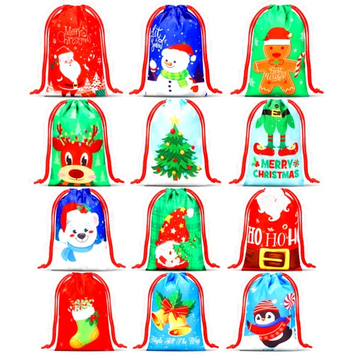 Xuniea 24 Pcs Christmas Drawstring Backpack Gift Bags Christmas Goody Treat Bags Santa Claus Xmas Tree Winter Snowflakes Snowman Wrapping Gift Bags for Kids Holiday Birthday Party (5.1 x 7.1 Inch)