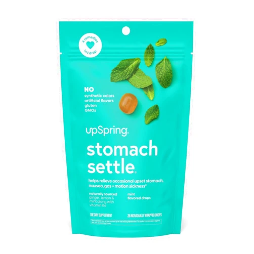 UpSpring Stomach Settle Drops for Occasional Nausea Relief/Upset Stomach with Ginger, Lemon, Spearmint, and B6. Mint Flavor Drops, 28 Ct(Packaging May Vary)