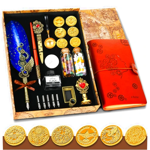 Aifeiter Quill Pen Ink Set.including Feather Pen.Notebook.5 Replaceable Nibs.Stamp.Spoon.Wax Beads.White Wax.Ink.Pen Holder.Envelope.Letter Paper.Etc.Gift Selection Calligraphy Pen Set-Blue