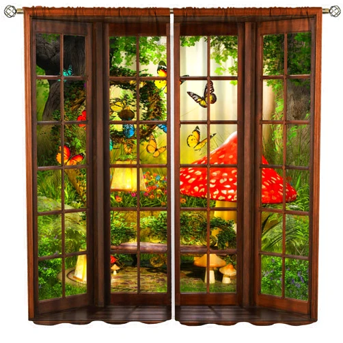 Hazuff Forest Landscape Blackout Curtains for Bedroom,Fantasy 3D Magic Green Fairytale Forest Mushroom Butterfly Window Drapes Print for Kids Living Room 63x63in