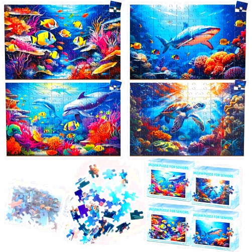 ZOiiWA 4 Pack 100 Pcs Dementia Puzzles for Elderly Ocean Animal Dementia Alzheimers Products and Activities for Seniors Alzheimer’s Puzzles Memory Cognitive Games for Seniors Gift for Elderly Adults