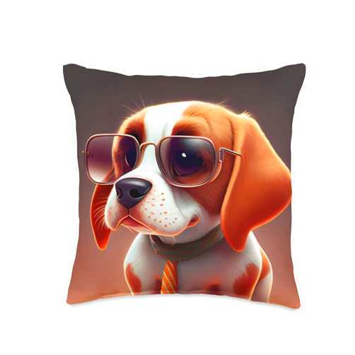 Funny and Cute Dog Lover Unique Digital Art Cute Adorable Beagle Puppy with Sunglasses Comic Digital Art Throw Pillow, 16x16, Multicolor