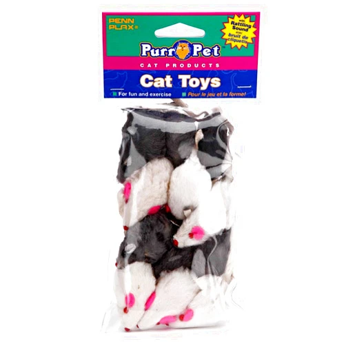 Penn-Plax Play Fur Mice Cat Toys | Mixed Bulk Bag of 12 Play Mice with Rattling Noise | 3 Color Variety Pack - CAT531, Black and White