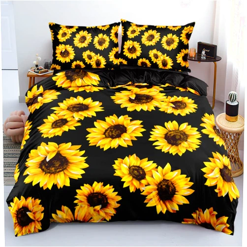 Holiyjog Sunflower Duvet Cover Set Queen Size Sunflowers on Black Background Bedding Set Comforter Cover and Pillow Shams Yellow Sunflowers Bedding Set Sunflower Decor for Bedroom