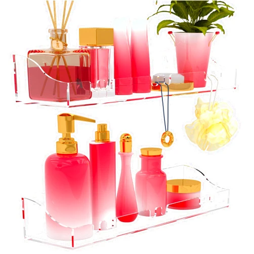 XQIGI Acrylic Shelves Bathroom 2 Pack Clear shower Floating Shelf with Hooks Transparent Wall Mounted No Drilling Thick Storage Display Shelving (2 Pcs Shelves)