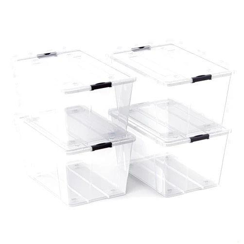 Lifetime Appliance Parts 4 Pack - 75 Qt. Plastic Storage Bin Tote Organizing Container with Ultra Durable Lid and Secure Latching Buckles, Stackable Extra Strength Clear with Black Handle