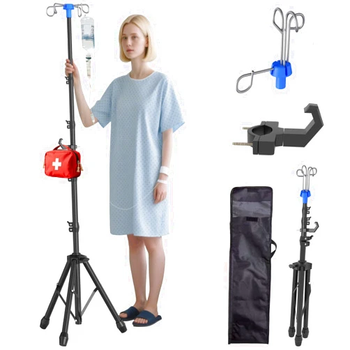 Wasoyun Foldable IV Pole Stand, Portable Telescoping Floor Stand with 4 Hooks, Height Adjustable, Travel Infusion Pole for Home Care, Hospitals, Nursing Homes and When Traveling