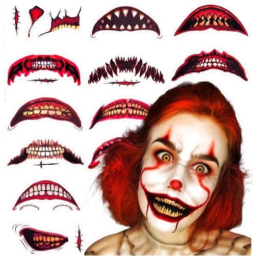 BASEMMAHER 12 Sheets Halloween Clown Horror Mouth Tattoo Stickers Prank Makeup Temporary Tattoo Paper Horror Lip Big Mouth Face Tattoos Decals for Adults Women Men Halloween Masquerade Cosplay Props