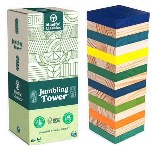 Mindful Classics Jumbling Tower Sustainable Wooden Blocks Tumbling Toppling Bamboo Wood Party Stacking Game, for Adults and Kids Ages 8 and up