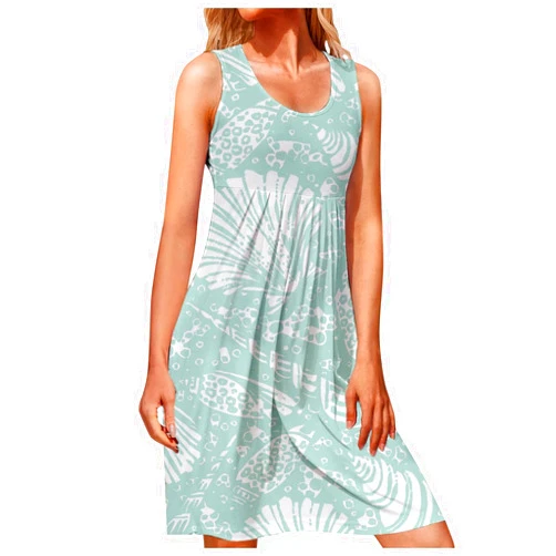 Yesunpxs Summer Dress for Women 2024 Sleeveless Crew Neck Gradient Print Sundress Loose Fit Summer Beach Pleated Swing Dress