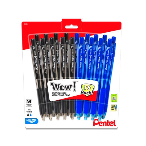 Pentel Wow! Retractable Ballpoint Pen - Black And Blue Ink Pens Medium Point - 1.0mm - 18 pack (9 Black & 9 Blue) - Triangle Pens - Model Wow Bk440