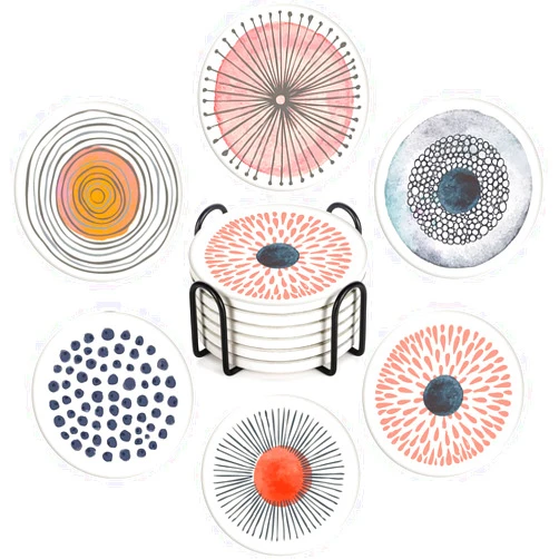 Britimes Coaster for Drinks Set of 6, Watercolor Doodle Circles Flower Absorbent Round Ceramic Stone Mat, with Cork Base and Metal Holder, Gift for Housewarming Room Bar Decor