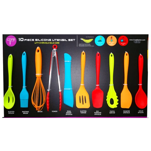 Core 10 Piece Utensil Set Core Kitchen - 10 Piece Silicone Utensil Set in Assorted Colors with Overmold Solid Core