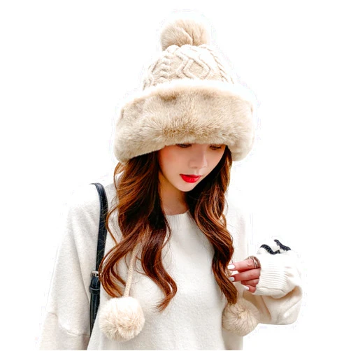 Peicees Womens Fur Hats with Pompom for Winter Warm Knit Beanie Skull Cap Russian Ushanka Trapper Hat with Ear Cover