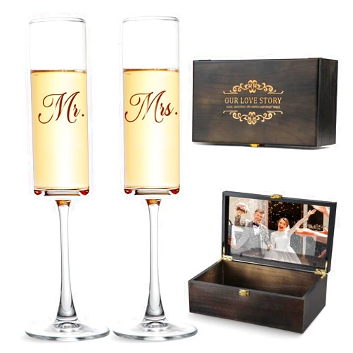 Urllinz Mr and Mrs Champagne Flutes-Wedding Gifts for Couples 2024,Engagement Gifts for Couples,Mr and Mrs Gifts for Newly Engaged Couples,Bridal Shower Gifts,Set of 2 with Wooden Memory Keepsake Box