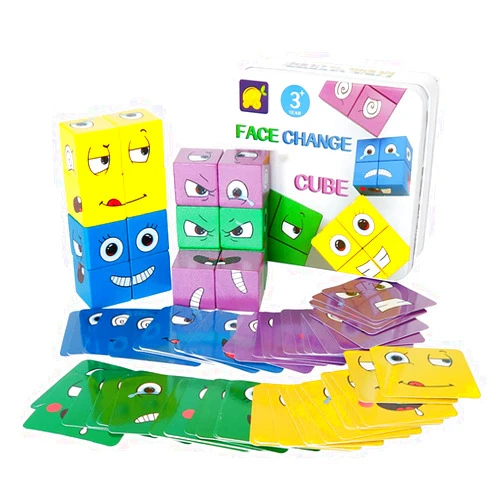 Mbarbs Speed Cube Wooden Expressions Matching Block Puzzles Cute Portable Face-Changing Cube Building Cubes Blocks Parent-Child Board Educational Games for Kids
