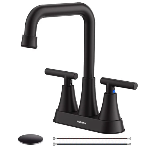 Hurran Matte Black Bathroom Sink Faucet, Hurran 4 inch Bathroom Faucets for Sink 3 Hole with Pop-up Drain and Supply Lines, Stainless Steel 2-Handle Centerset Faucet for Bathroom Sink Vanity RV Restroom