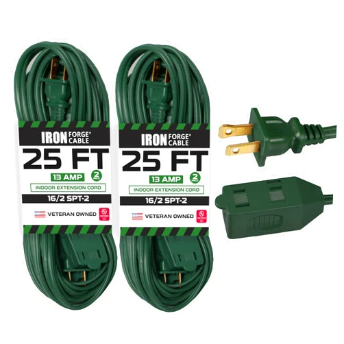 Iron Forge Cable 3 Outlet 25 ft Green Extension Cord 2 Prong, 2 Pack, 16/2 Indoor Extension Cord with Multiple Outlets, 13 AMP 2 Prong Electrical Cable for Home, Office, Outdoor Lights