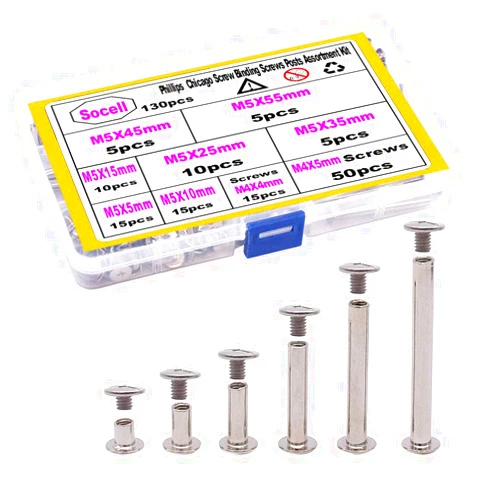 Socell 130pcs Phillips Chicago Screw Binding Screws Posts Assortment Kit for Scrapbook Photo Albums Craft and DIY Leather Decoration Bookbinding(M5 x 5/10/15/25/35/45/55)