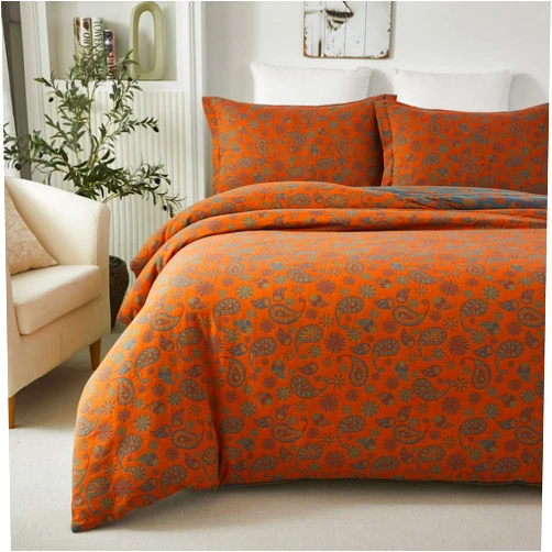 Softta Vintage Paisley Pattern Bedding Set Queen Size 3Pcs Duvet Cover Set 100% Washed Cotton Double-Layer Yarn Washed Cotton Bedding Collection Blue & Orange