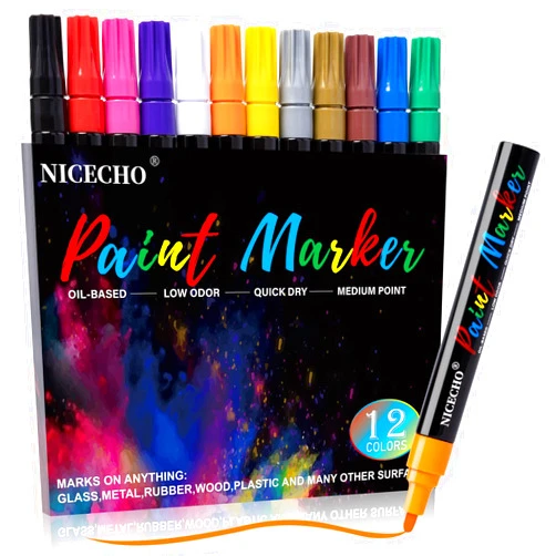 Nicecho Oil-Based Paint Pens, 12 Colors Permanent Paint Markers Medium Tip Never Fade Quick Drying and Waterproof Marker Set for Metal, Wood, Fabric, Tire, Stone, Canvas, Mugs, Glass, DIY Craft