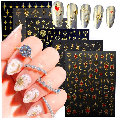 Vezocim Gold Nail Art Stickers, Sun Moon Stars Heart Line Flower Nail Self-Adhesive Sticker Design, 3D Gold Nail Transfer Decals for Women Girls Manicure Charms Decorations, DIY Nail Art Decal