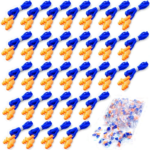 Tondiamo 200 Pairs Ear Plugs Reusable Silicone Earplugs with Cord Sleeping Individually Wrapped Hearing Protection Noise Cancelling Earplugs for Work Construction Shooting Sports(Blue, Orange)