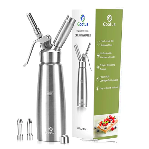 Gootus Professional Whipped Cream Dispenser - Stainless Steel Whipped Cream Maker, Large 500ml / 1 Pint Capacity Whip Canister, Includes 3 Various Stainless Culinary Decorating Nozzles and 1 Brush
