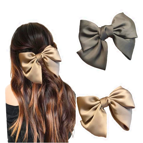 Unifinds Large Bow Hair Clips for Women Girls Satin Bowknot Hair Bows Clip Silky Hair Barrettes Big Hairpins Solid Color Black Light Brown (2pcs)
