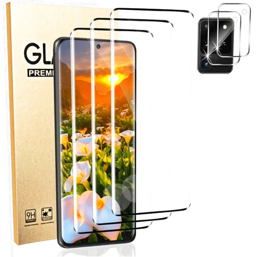 OuYteu 3+2 Pack Galaxy S20 Ultra Tempered Glass Screen Protector 2 Pack Camera Lens Protector 3D Curved Glass 9H Hardness Scratch Resistant HD Clear Fingerprint Unlocking for Samsung Galaxy S20 Ultra