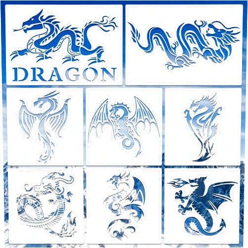 Prasacco 8 Pcs Dragon Stencils Airbrush Stencils Tattoo Stencil Paint Stencils Reusable Plastic Dragon Stencil for Painting on Wood Furniture Wall DIY Crafts Drawing Decoration