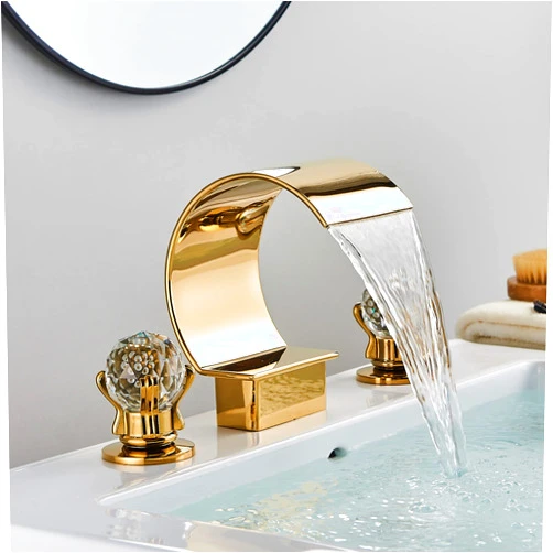 YAGATAP Gold Bathroom Sink Faucet 3 Hole 2 Handle Crystal Knobs High Arc Waterfall Spout Vanity Basin Mixer Tap 8-inch＆Upwards Widespread Bathtub Filler Faucet…