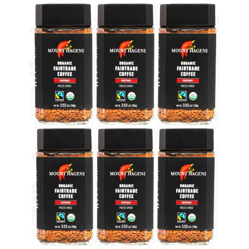Mount Hagen 3.53oz Organic Freeze Dried Instant Coffee - 6 pack | Eco-friendly Coffee Made From Organic Medium Roast Arabica Beans | Fair-Trade Coffee Instant [6 x 3.53oz Jar]