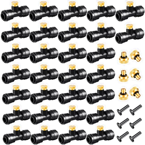 Ripeng Misting Nozzles Kit Include Water Misting Tees Thread 1/4 Inch and Brass Orifice Nozzle with Black Plug for Outdoor Spray Cooling System(72 Pieces)
