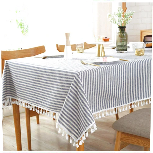 Bringsine Stripe Tassel Tablecloth Cotton Linen Stain Resistant Dust-Proof Table Cloth Cover for Kitchen Dinning Tabletop Decoration (Rectangle/Oblong,55 x 98 Inch,Blue)