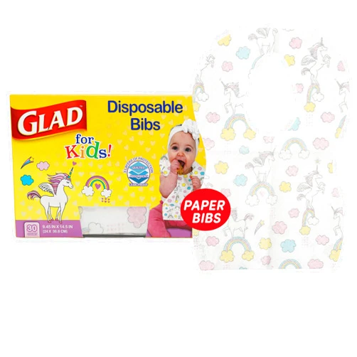 Glad for Kids Unicorn Disposable Paper Bibs with Crumb Catcher, Absorbent Leakproof Bibs for Toddlers and Babies, Mess Free Feeding, Crafts, Parties, and Travel Use, 30 Count