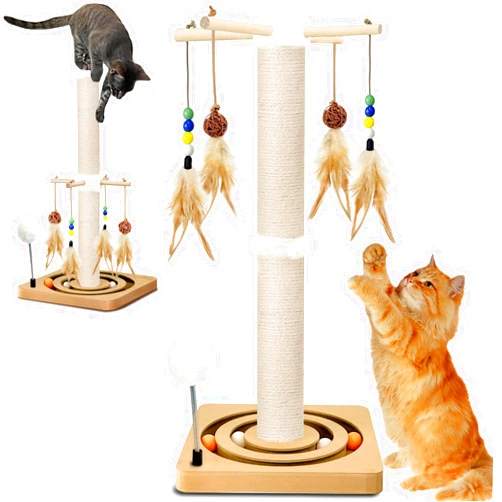 PAROTO Cat Scratching Post, Sisal, Interactive Furniture Toys for Indoor Cats Adults, 2 Mounting Methods Scratcher Tree Tower with Hanging and Ball Track, Activity Center for Kitten, 25 inches
