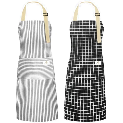 NLUS 2 Pack Kitchen Cooking Aprons, Adjustable Bib Waterproof Chef Apron with 2 Pockets for Men Women(Grey Stripe/Black Plaid)