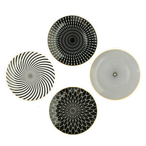 YCBH 8 Inch Set of 4 Assorted Designs, Porcelain Plates With Patterns,Black Ceramic Dessert Plates, Dishware with Golden Rim for Sandwiches Salad Pasta, Microwave Oven Dishwasher Safe (A)