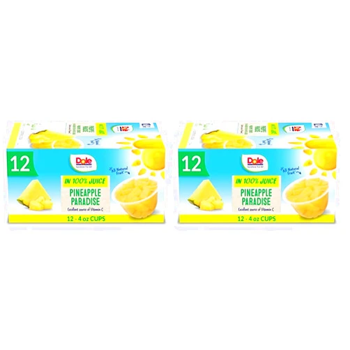 Dole Pineapple Paradise Pineapple Tidbits in a Blend of 100% Fruit Juices Snacks, 4oz 12 Total Cups, Gluten & Dairy Free, Bulk Lunch Snacks for Kids & Adults (Pack of 2)