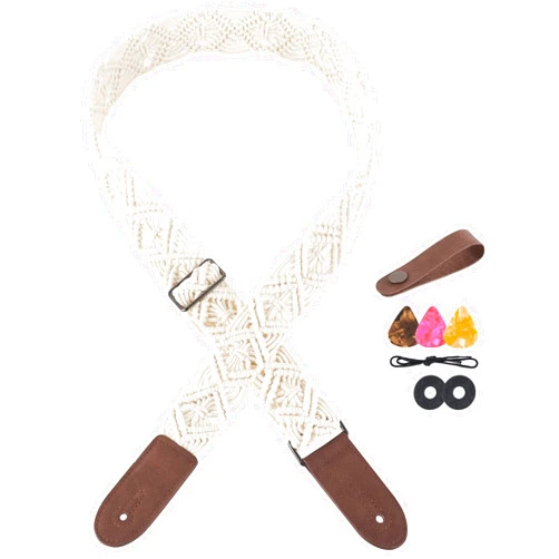 Mkono Guitar Strap, Adjustable Boho Woven Cotton Straps with Leather Ends for Electric Acoustic Bass Guitar, Ukulele, Crossbody Strap with 2 Locks and 3 Picks, Gifts for Kids, Guitar Players, Ivory