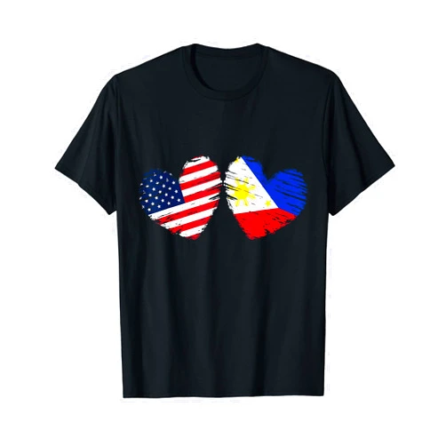 Matching Couple Tee America Love Twin Hearts USA Philippines Flag Heart Valentines Day Filipino American T-Shirt