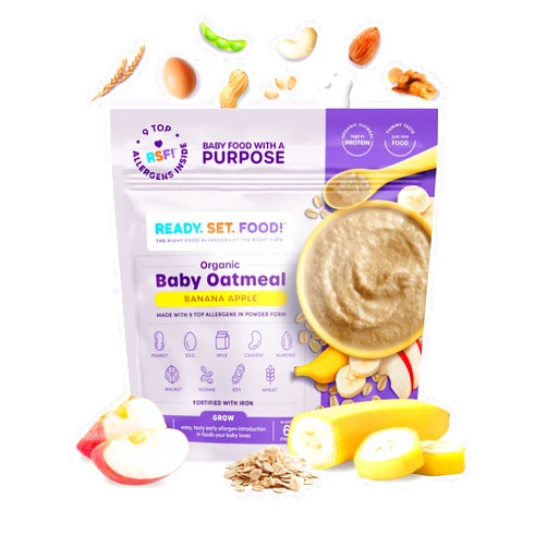 Ready, Set, Food! Ready Set Food Organic Baby Oatmeal Cereal – Safe & Easy Early Allergen Exposure for Babies 6+ Months, Organic Baby Food with 9 Top Allergens: Organic Peanuts, Milk, Eggs, Cashews & More (15 Servings)