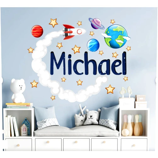The Colors Crafter Personalized Space Name Wall Decal for Kids Bedroom - Childrens' Outer Space Wall Sticker Set - Solar System Planets Wall Decal for Boys Room - Rocket and Stars Wall Decals Art Mural Vinyl Stickers