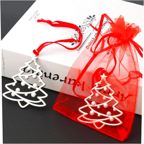 GengGeng 6PCS Silver Metal Christmas Tree Ornament Set with Red Ribbon for Christmas Tree Decor, Party Favors, Gifting